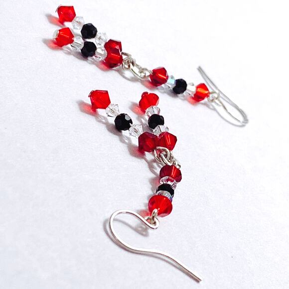 VTG Artisan Sterling Filled Swarovski Red Black Crystal Dangle Earrings Handmade - Picture 14 of 16